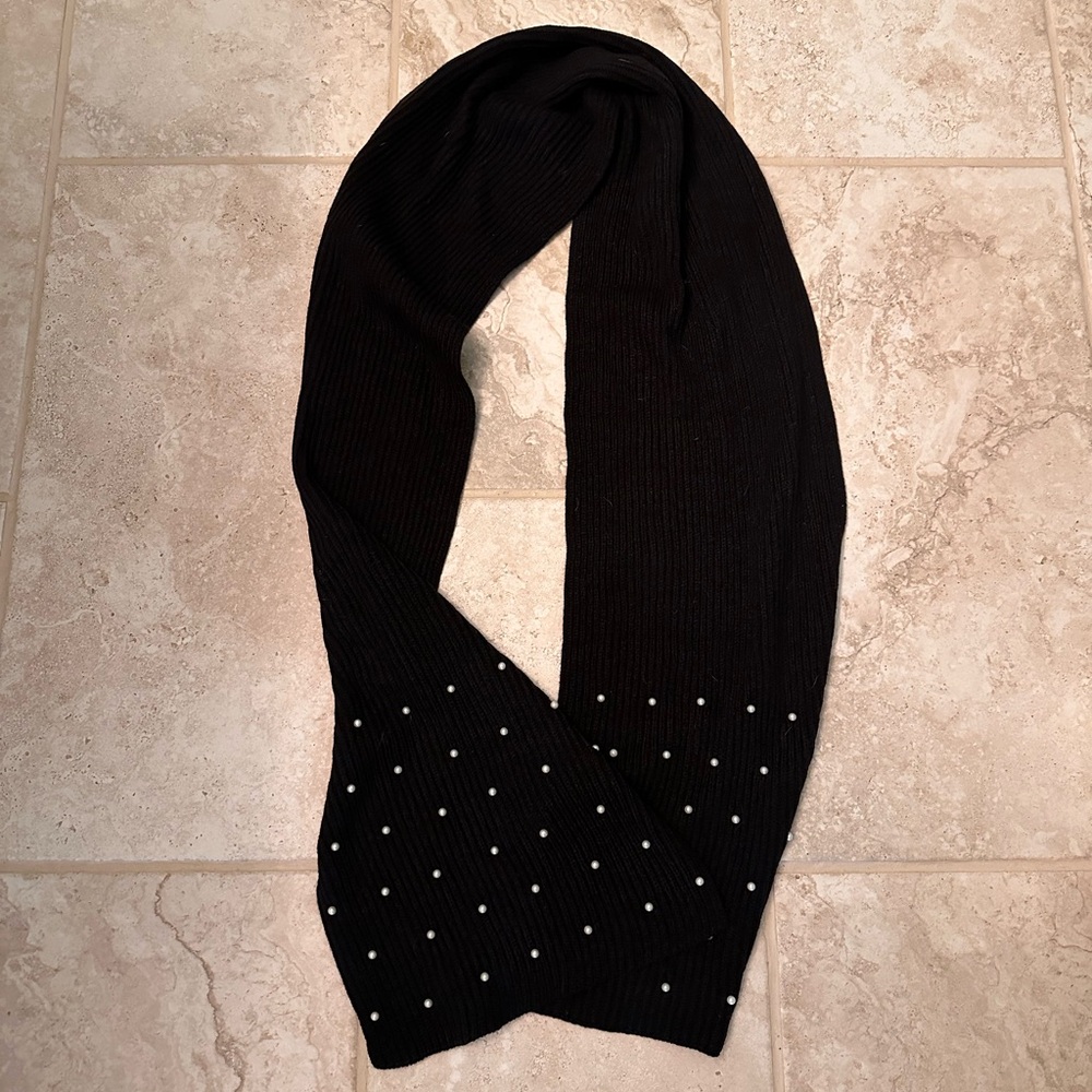 J.Crew Factory Black Knit Scarf with pearl detail NWT